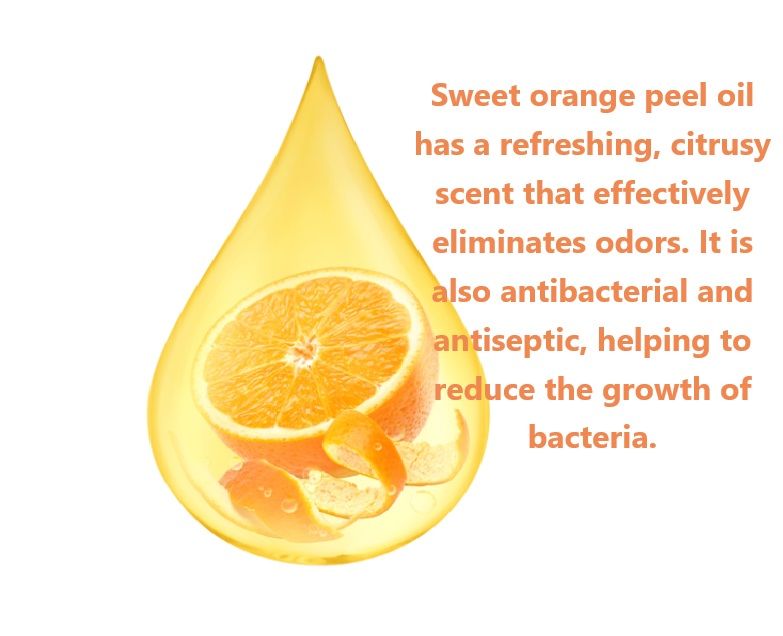 Sweet orange peel oil has a refreshing, citrusy scent that effectively eliminates odors. It is also antibacterial and antiseptic, helping to reduce the growth of bacteria.